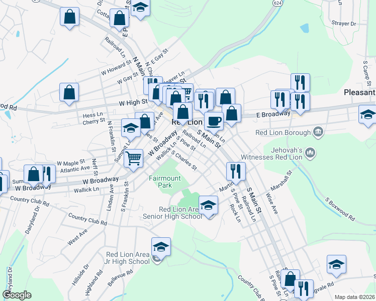 map of restaurants, bars, coffee shops, grocery stores, and more near 114 Henrietta Street in Red Lion
