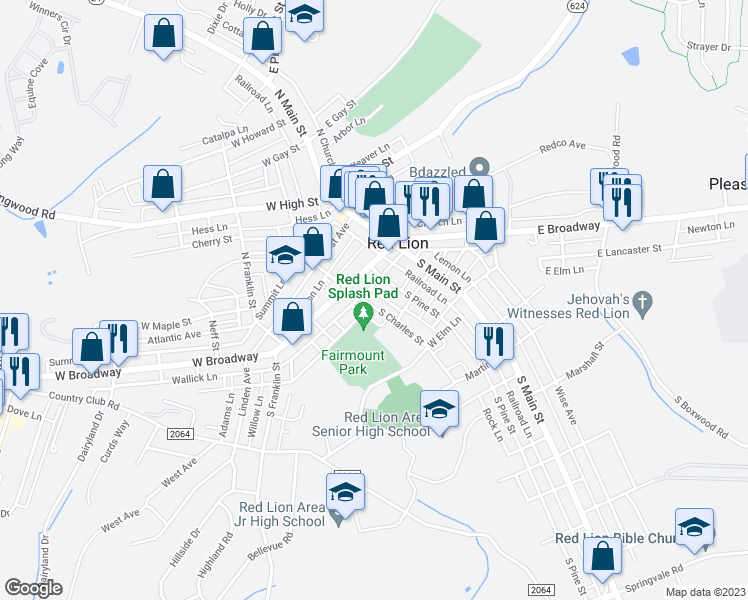 map of restaurants, bars, coffee shops, grocery stores, and more near 101 South Charles Street in Red Lion