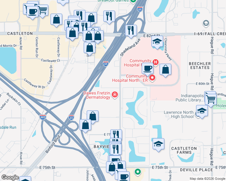 map of restaurants, bars, coffee shops, grocery stores, and more near 7940 Shadeland Avenue in Indianapolis