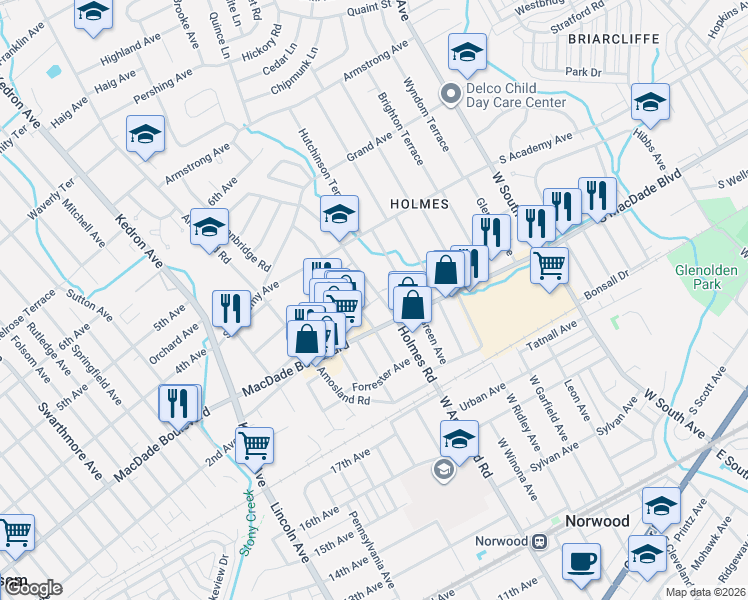map of restaurants, bars, coffee shops, grocery stores, and more near 2229 MacDade Boulevard in Holmes
