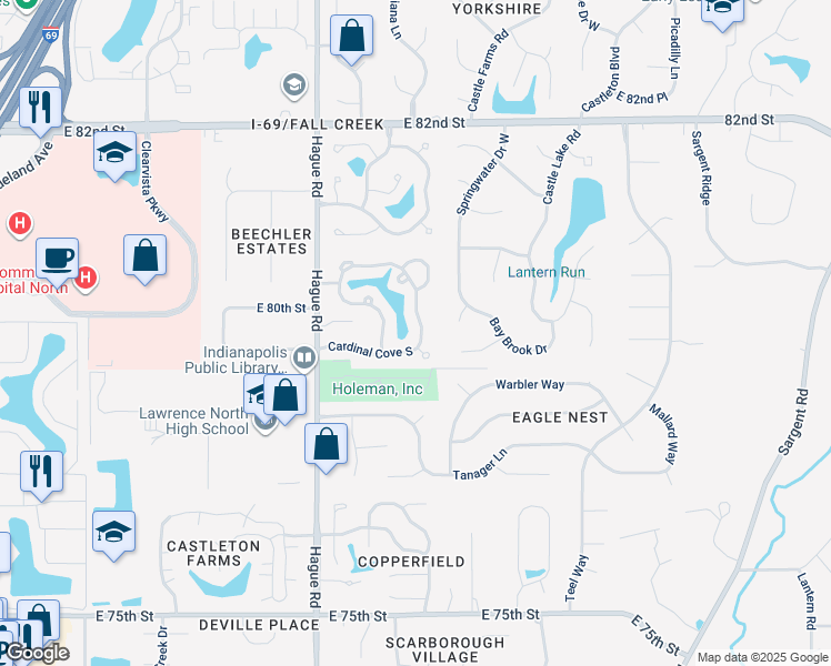map of restaurants, bars, coffee shops, grocery stores, and more near 7884 Cardinal Cove North in Indianapolis
