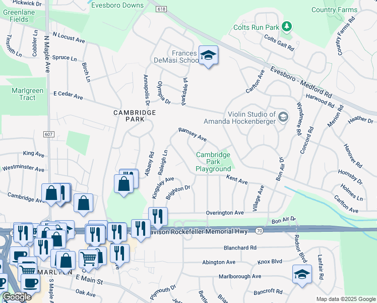 map of restaurants, bars, coffee shops, grocery stores, and more near 7 Ridgemount Drive in Evesham