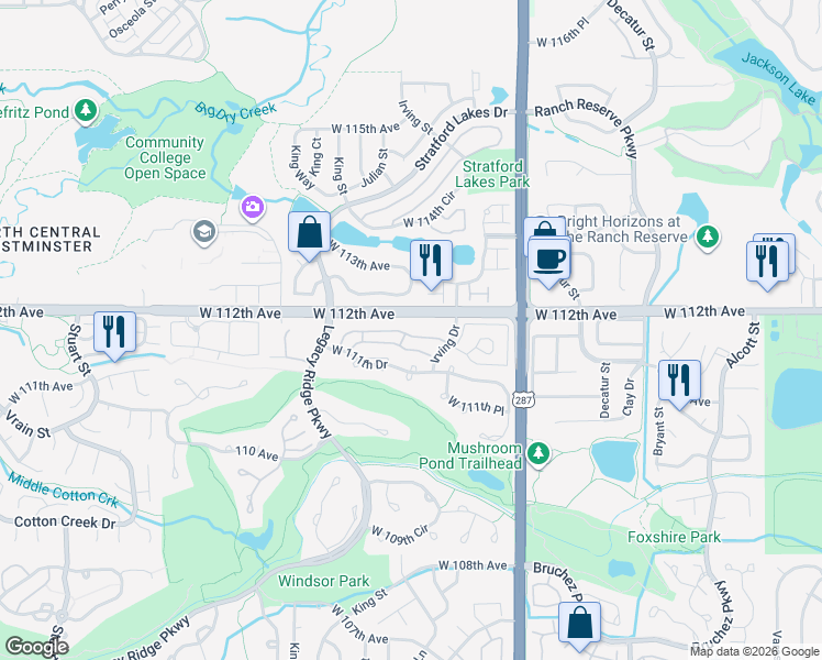 map of restaurants, bars, coffee shops, grocery stores, and more near 3403 West 111th Drive in Westminster