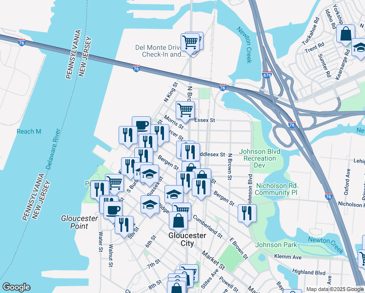 map of restaurants, bars, coffee shops, grocery stores, and more near 341 Hudson Street in Gloucester City