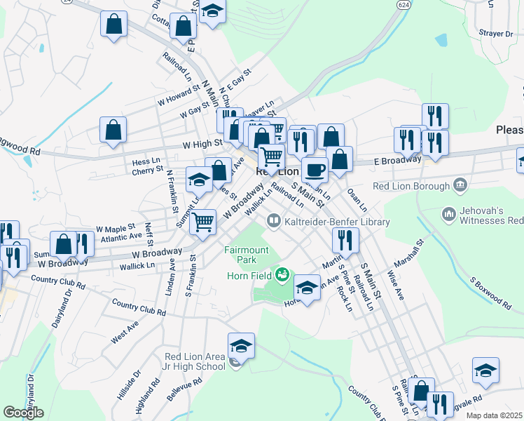 map of restaurants, bars, coffee shops, grocery stores, and more near 101 South Charles Street in Red Lion