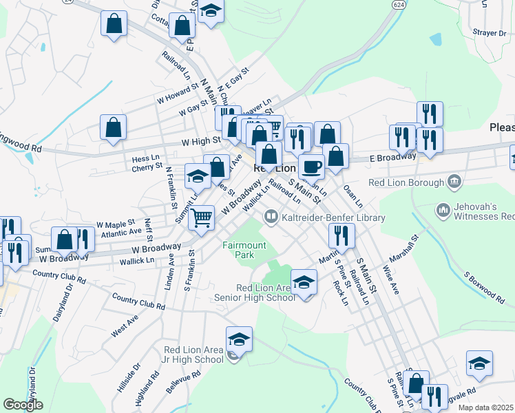 map of restaurants, bars, coffee shops, grocery stores, and more near 120 South Charles Street in Red Lion