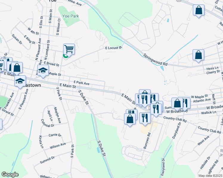 map of restaurants, bars, coffee shops, grocery stores, and more near 604 East Main Street in Dallastown