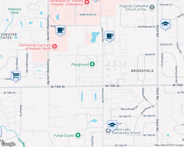 map of restaurants, bars, coffee shops, grocery stores, and more near 2047 Dunbarton Court West in Indianapolis