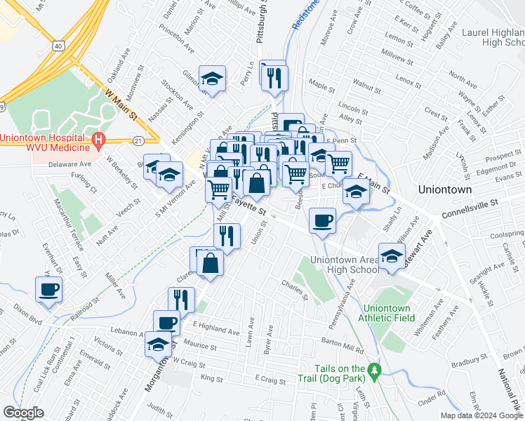 map of restaurants, bars, coffee shops, grocery stores, and more near 60 West Fayette Street in Uniontown