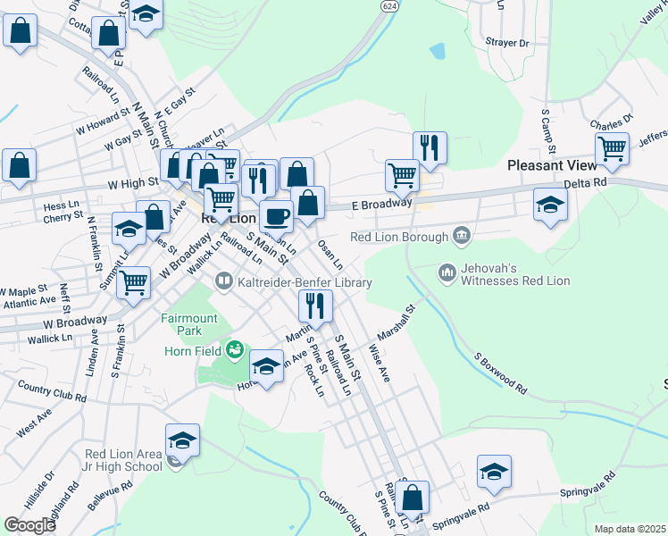 map of restaurants, bars, coffee shops, grocery stores, and more near 311 Wise Avenue in Red Lion