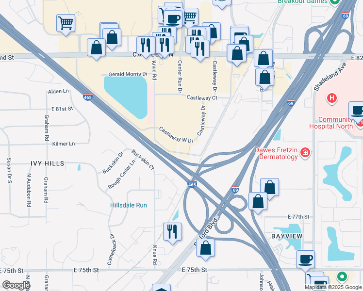 map of restaurants, bars, coffee shops, grocery stores, and more near 6415 Castleway West Drive in Indianapolis