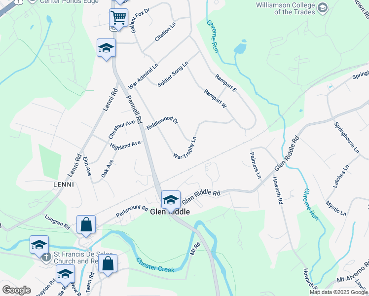 map of restaurants, bars, coffee shops, grocery stores, and more near 47 War Trophy Lane in Media