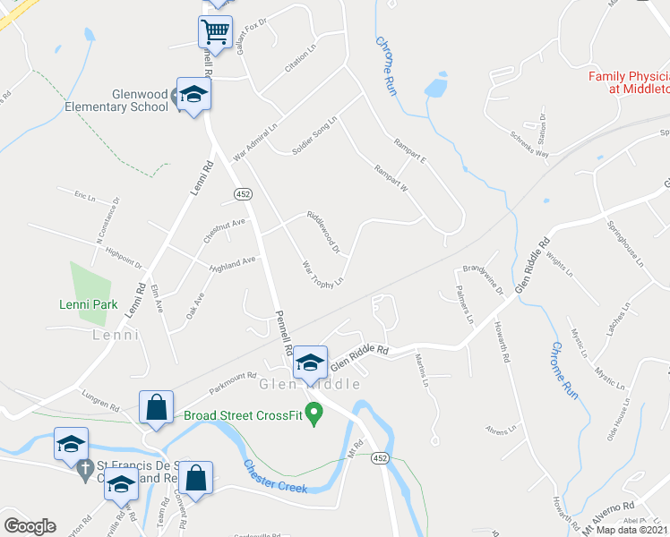 map of restaurants, bars, coffee shops, grocery stores, and more near 47 War Trophy Lane in Media