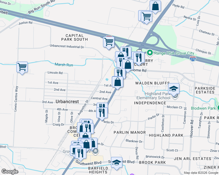 map of restaurants, bars, coffee shops, grocery stores, and more near 2871 Broadway in Grove City