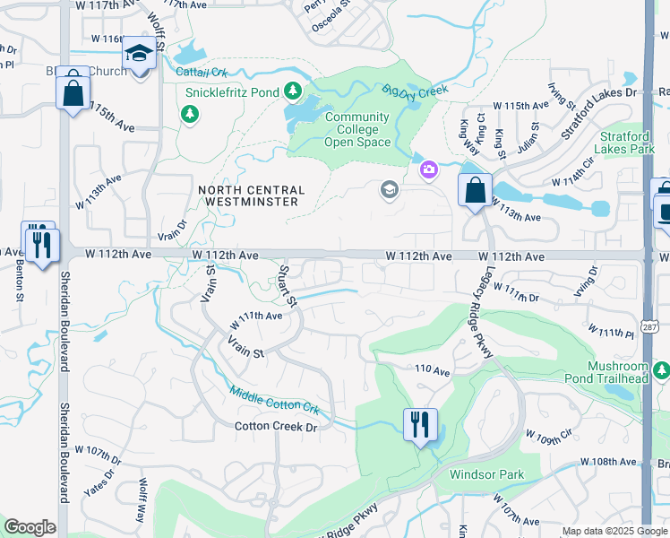 map of restaurants, bars, coffee shops, grocery stores, and more near 4150 West 111th Circle in Westminster