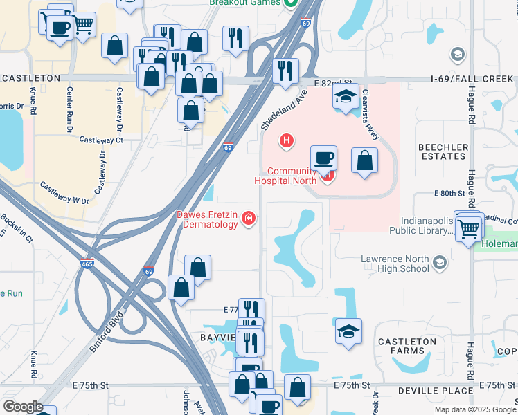 map of restaurants, bars, coffee shops, grocery stores, and more near 7897 Shadeland Avenue in Indianapolis