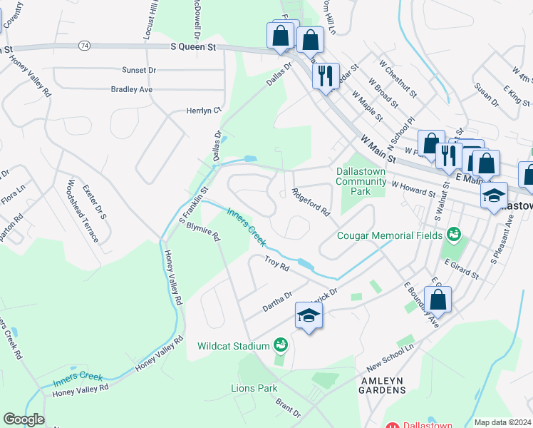 map of restaurants, bars, coffee shops, grocery stores, and more near 299 Franklin Square Drive in Dallastown