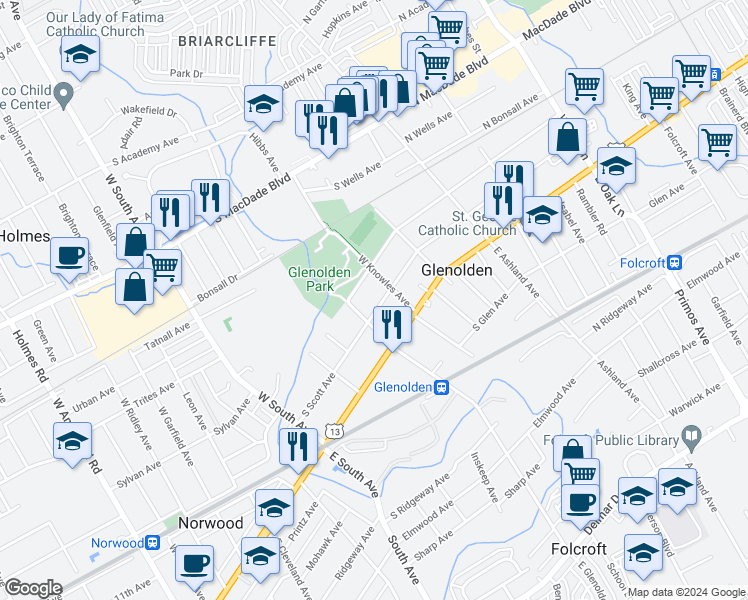 map of restaurants, bars, coffee shops, grocery stores, and more near 218 South Scott Avenue in Glenolden