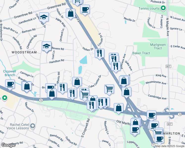 map of restaurants, bars, coffee shops, grocery stores, and more near 401 Route 73 North in Evesham Township