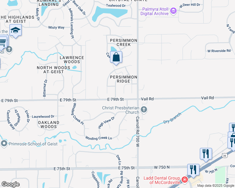 map of restaurants, bars, coffee shops, grocery stores, and more near 7919 Kersey Drive in Indianapolis