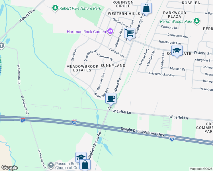 map of restaurants, bars, coffee shops, grocery stores, and more near 2265 Seminole Avenue in Springfield
