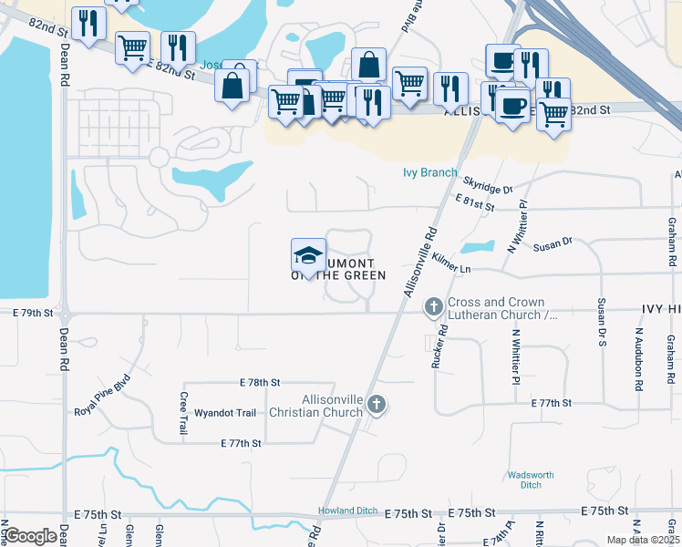 map of restaurants, bars, coffee shops, grocery stores, and more near 7936 Beaumont Green Place in Indianapolis