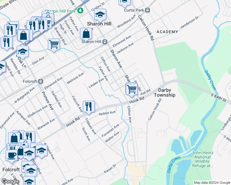 map of restaurants, bars, coffee shops, grocery stores, and more near 818 Felton Avenue in Sharon Hill