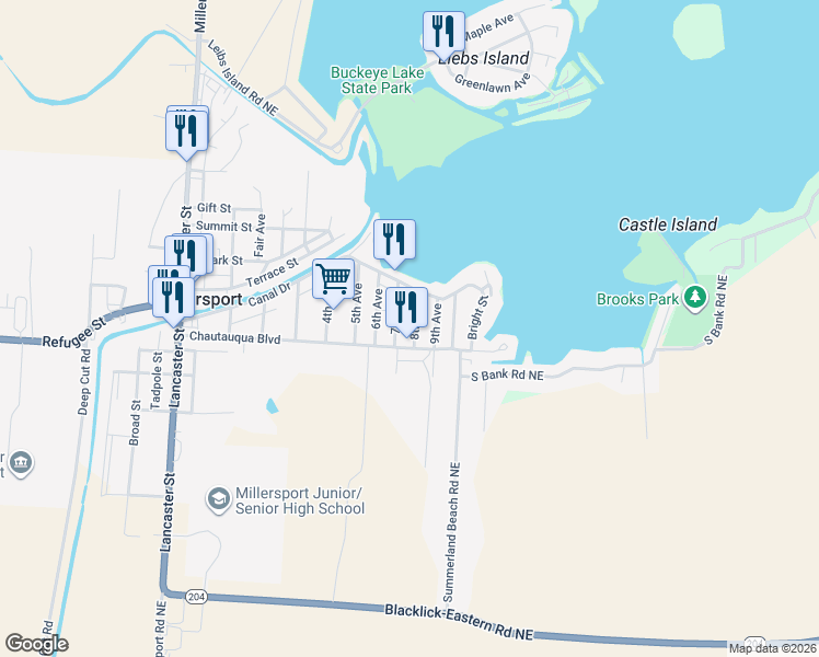 map of restaurants, bars, coffee shops, grocery stores, and more near 12048 8th Avenue in Millersport