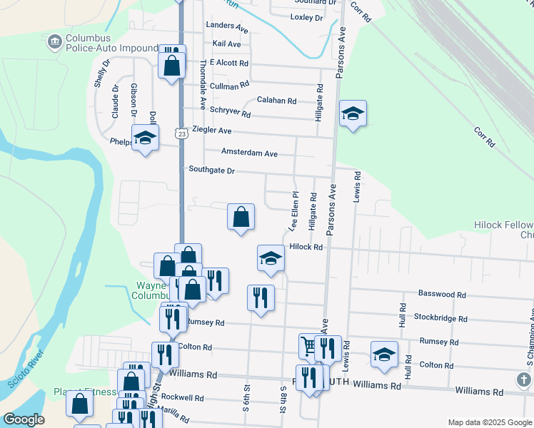 map of restaurants, bars, coffee shops, grocery stores, and more near 189 Currier Drive in Columbus