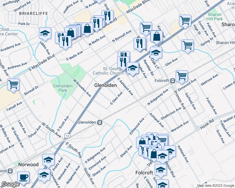 map of restaurants, bars, coffee shops, grocery stores, and more near 45 East Boon Avenue in Glenolden