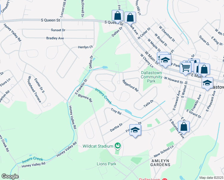 map of restaurants, bars, coffee shops, grocery stores, and more near 299 Franklin Square Drive in Dallastown