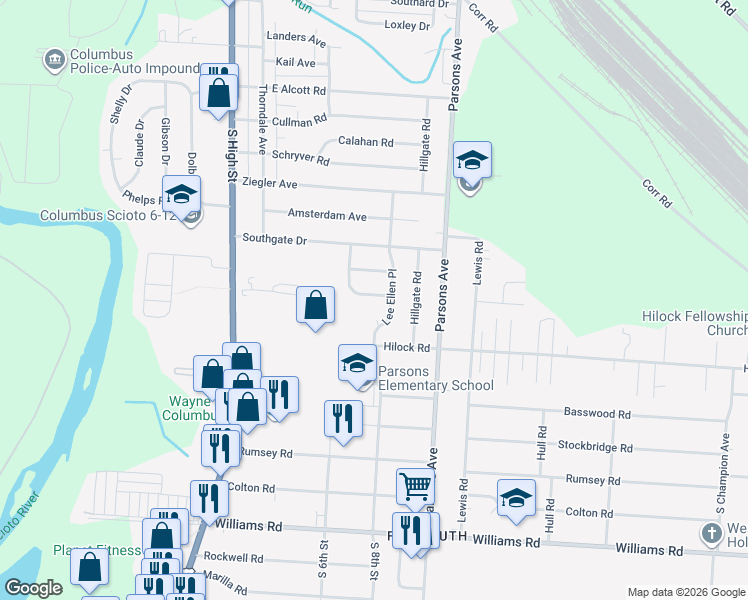 map of restaurants, bars, coffee shops, grocery stores, and more near 3097 Lee Ellen Place in Columbus