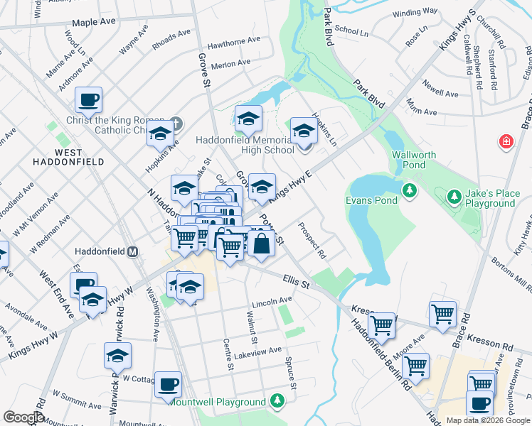 map of restaurants, bars, coffee shops, grocery stores, and more near 30 Potter Street in Haddonfield