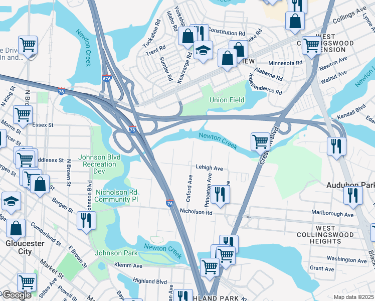 map of restaurants, bars, coffee shops, grocery stores, and more near 305 Lehigh Avenue in Gloucester City