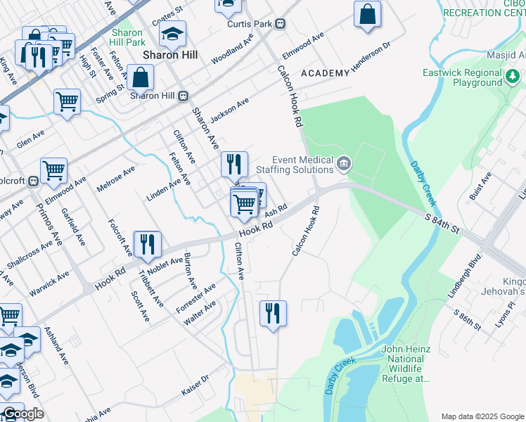map of restaurants, bars, coffee shops, grocery stores, and more near 1030 Pine Road in Sharon Hill