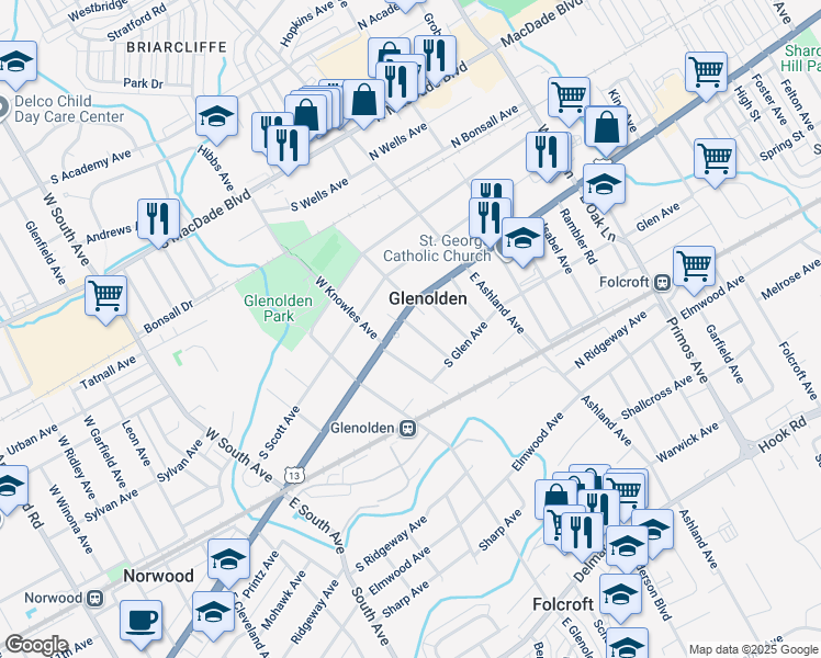 map of restaurants, bars, coffee shops, grocery stores, and more near 26 Logan Avenue in Glenolden