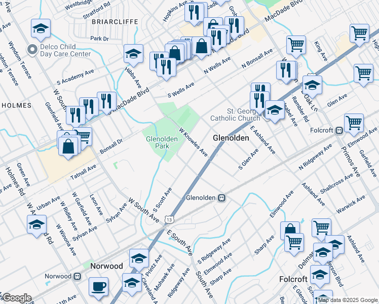 map of restaurants, bars, coffee shops, grocery stores, and more near 225 South Scott Avenue in Glenolden