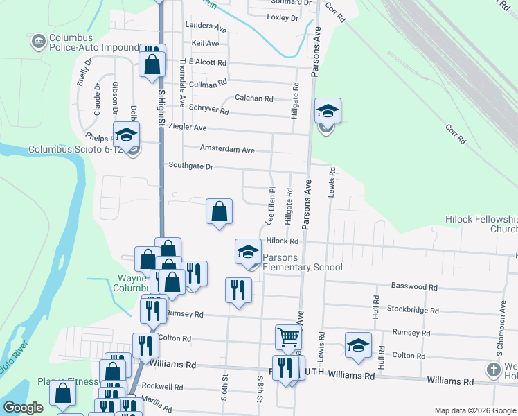 map of restaurants, bars, coffee shops, grocery stores, and more near 3097 Lee Ellen Place in Columbus