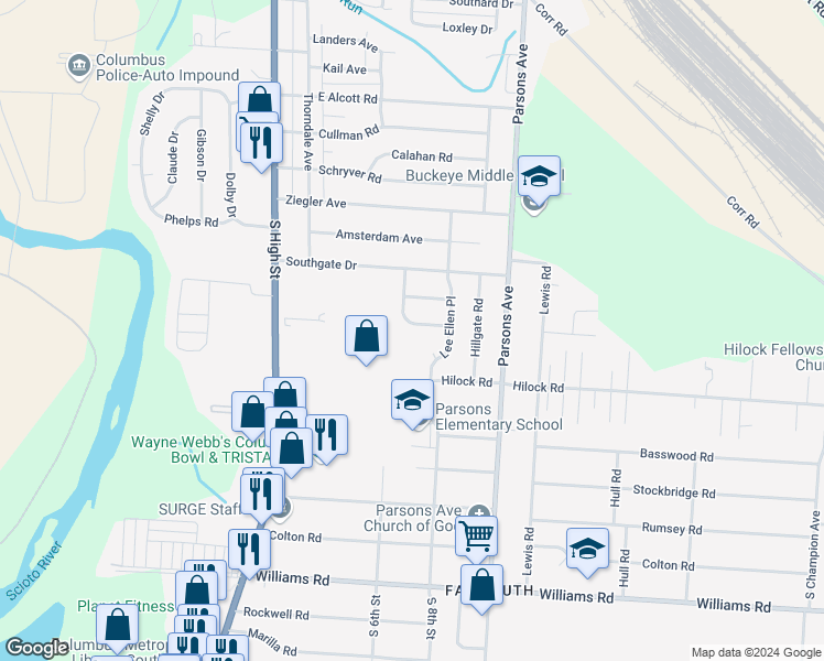 map of restaurants, bars, coffee shops, grocery stores, and more near 189 Currier Drive in Columbus