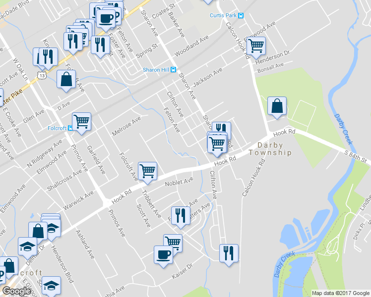 map of restaurants, bars, coffee shops, grocery stores, and more near 818 Felton Avenue in Sharon Hill