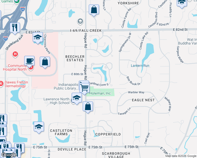 map of restaurants, bars, coffee shops, grocery stores, and more near 7814 Cardinal Cove North in Indianapolis