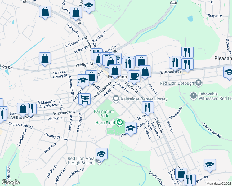 map of restaurants, bars, coffee shops, grocery stores, and more near 46 South Pine Street in Red Lion