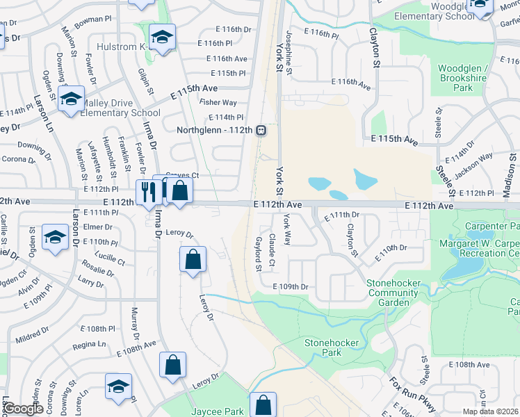 map of restaurants, bars, coffee shops, grocery stores, and more near 2225 East 111th Drive in Northglenn