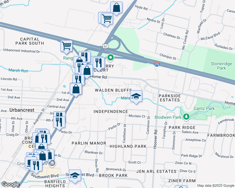 map of restaurants, bars, coffee shops, grocery stores, and more near 2701 Walden Place in Grove City