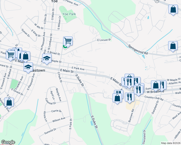 map of restaurants, bars, coffee shops, grocery stores, and more near 550 East Main Street in Dallastown