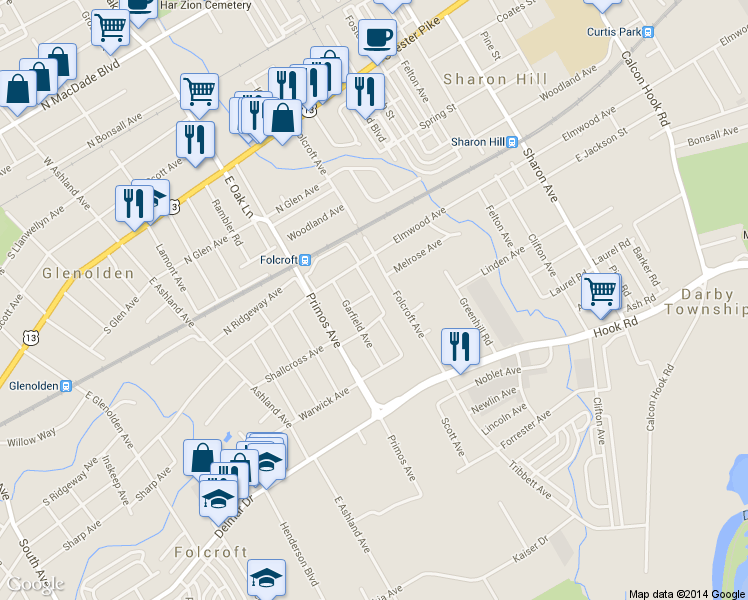 map of restaurants, bars, coffee shops, grocery stores, and more near 1521 Bayard Avenue in Folcroft