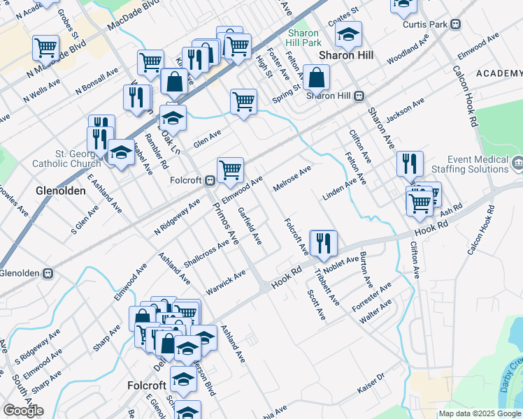 map of restaurants, bars, coffee shops, grocery stores, and more near 1521 Bayard Avenue in Folcroft