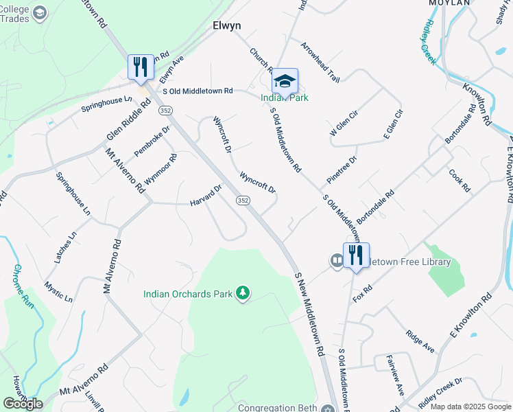 map of restaurants, bars, coffee shops, grocery stores, and more near 2 Wyncroft Drive in Media