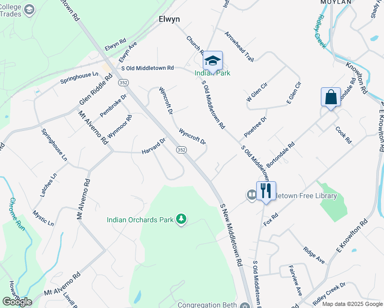 map of restaurants, bars, coffee shops, grocery stores, and more near 2 Wyncroft Drive in Media