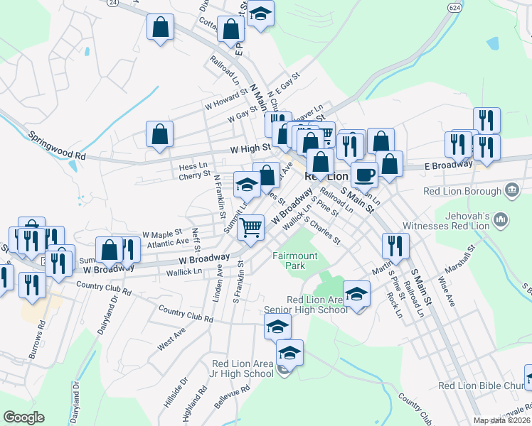 map of restaurants, bars, coffee shops, grocery stores, and more near in Red Lion